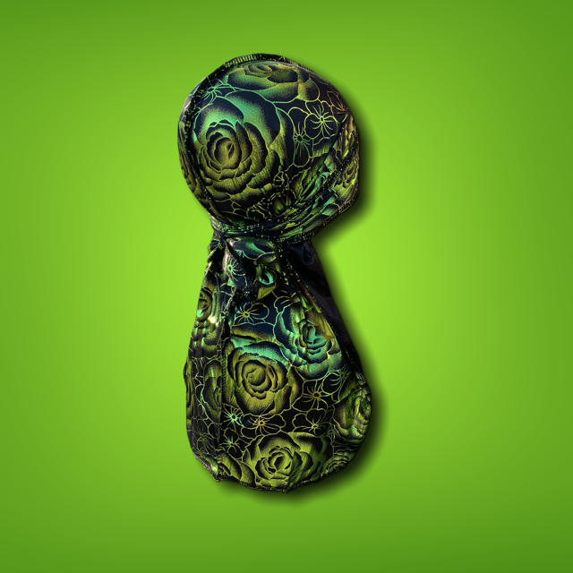 DUtheRAGthing Black & Green "Rose" Silky Graphic Durag - DUtheRAGthing